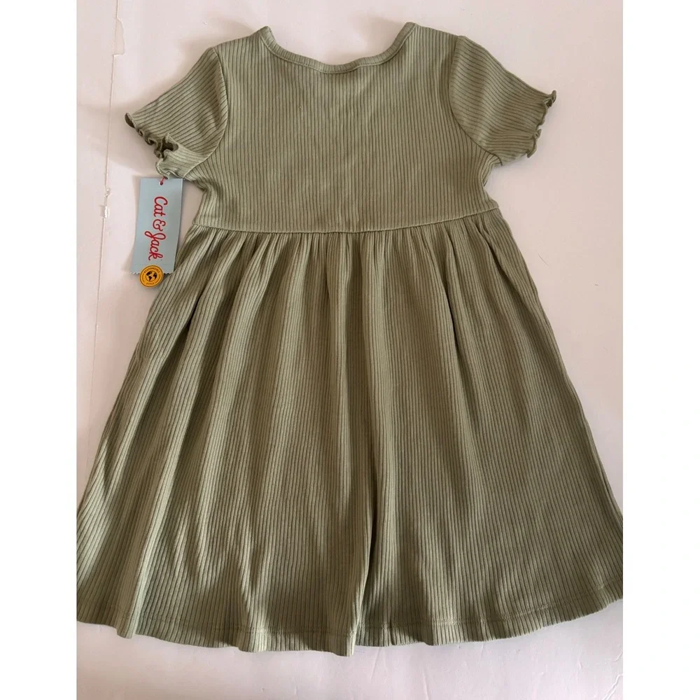 Cat & Jack Girls Light Olive Ribbed Short Sleeve‎ Dress 4T NWT